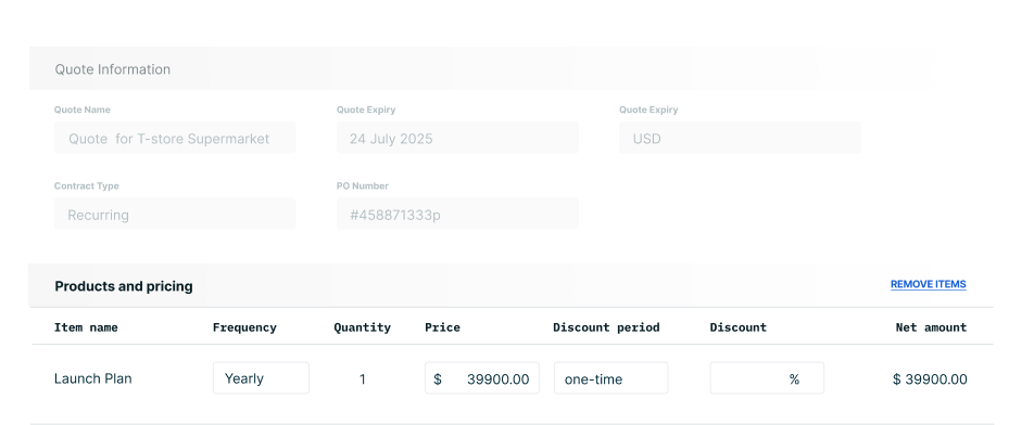 Chargebee CPQ quote builder showing quote information and products and pricing