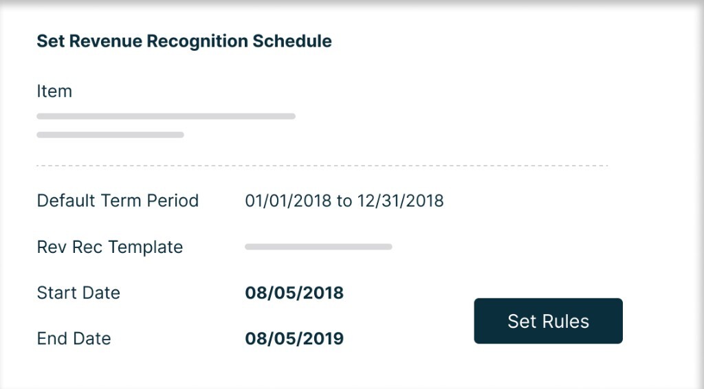 Revenue recognition schedule with term dates and a set rules action